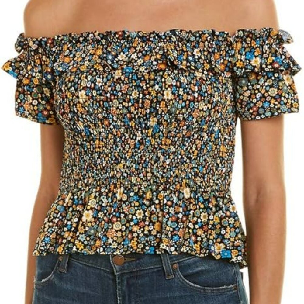 BCBGeneration Blouse Women Large Black Floral Smocked Ruffles Cropped Boho